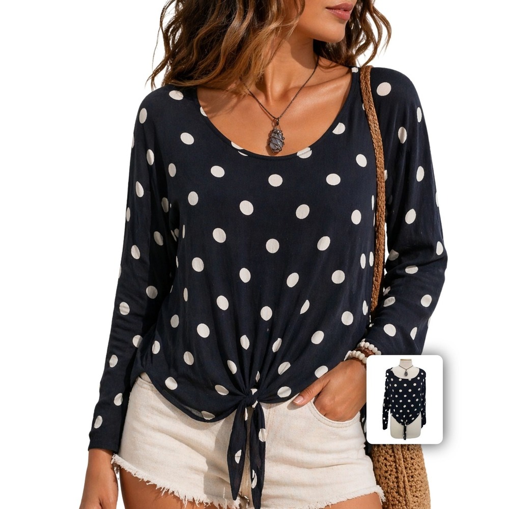 Billabong Black Polka Dot Tie-Front Long Sleeve Top